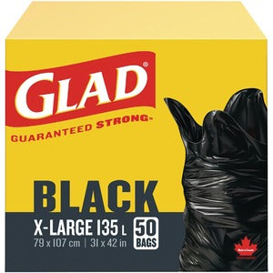 Glad Easy Tie 136L X-Large Black Bags - 8 Boxes, 20 Bags Each - Stocked Cases