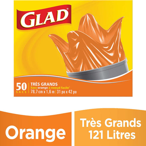 Glad Easy Tie 136L X-Large Orange Bags - 8 Boxes, 20 Bags Each - Stocked Cases